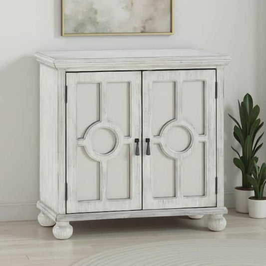 Anik Accent Cabinet, 2 Mirror Inlaid Glass Door, Antique White Wood