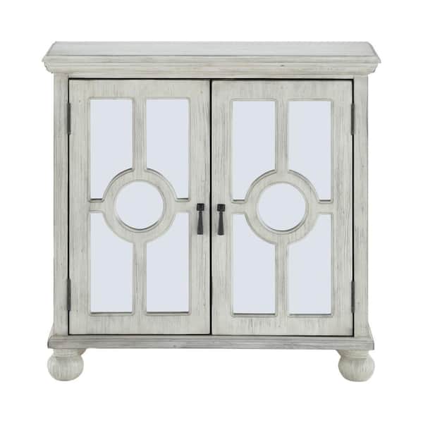 Anik Accent Cabinet, 2 Mirror Inlaid Glass Door, Antique White Wood