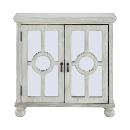 Anik Accent Cabinet, 2 Mirror Inlaid Glass Door, Antique White Wood