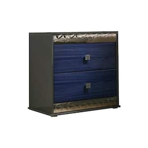 Zara Nightstand w 2 Drawers, Crystal Knobs, Ash Gray, Indigo Blue Wood