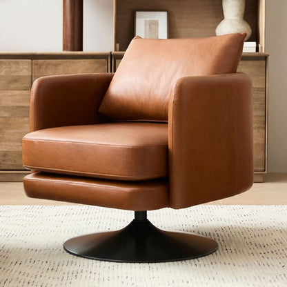 Top Grain Leather Accent Chair with Swivel, Brown & Silver