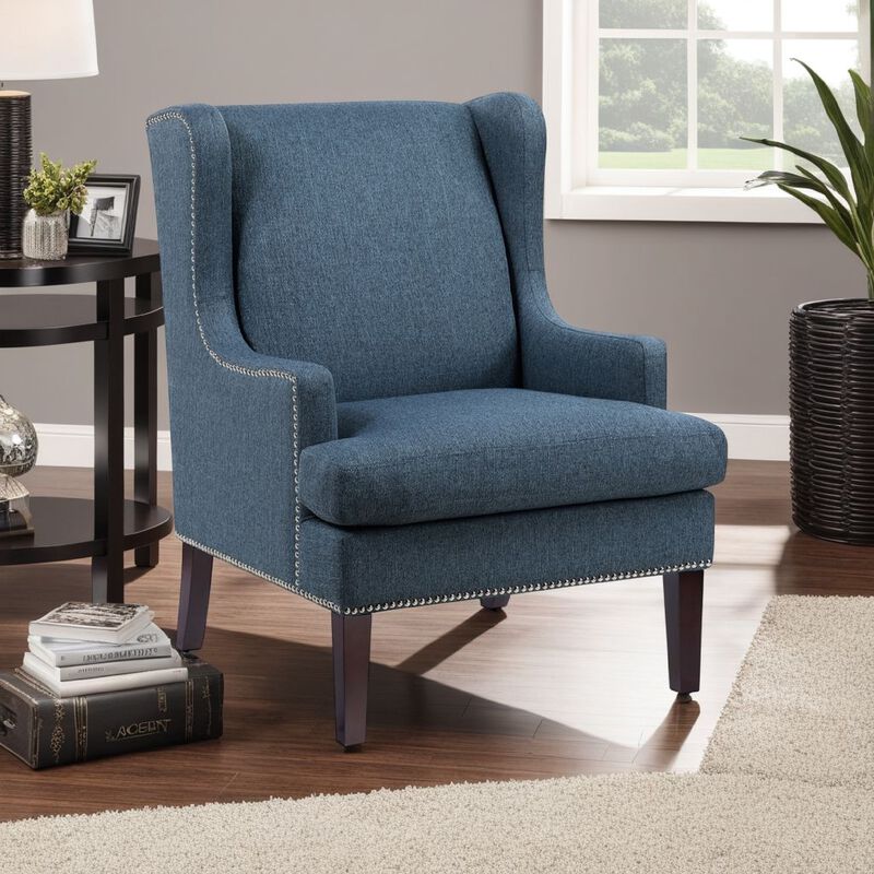 Rossana Accent Wing Armchair, Blue Polyester, Brown Wood, Nailhead