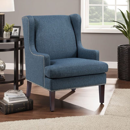 Rossana Accent Wing Armchair, Blue Polyester, Brown Wood, Nailhead