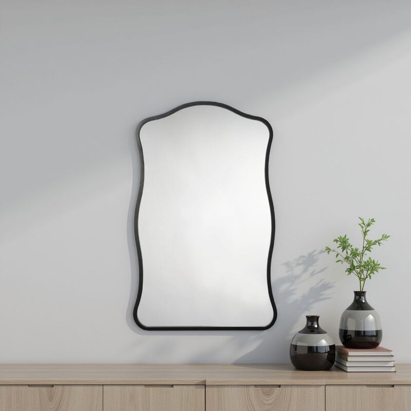 Ari Wall Mirror, 38 Inch, Black Metal Wavy Frame, Hand Forged Iron