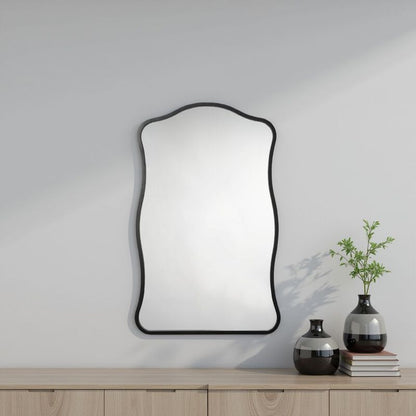 Ari Wall Mirror, 38 Inch, Black Metal Wavy Frame, Hand Forged Iron