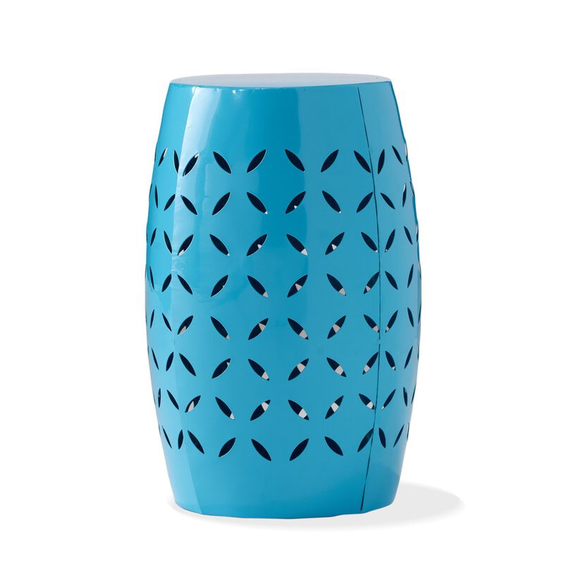 Lica Patio Side End Table, Barrel Shaped Lace Cut, 12 Inch White Iron
