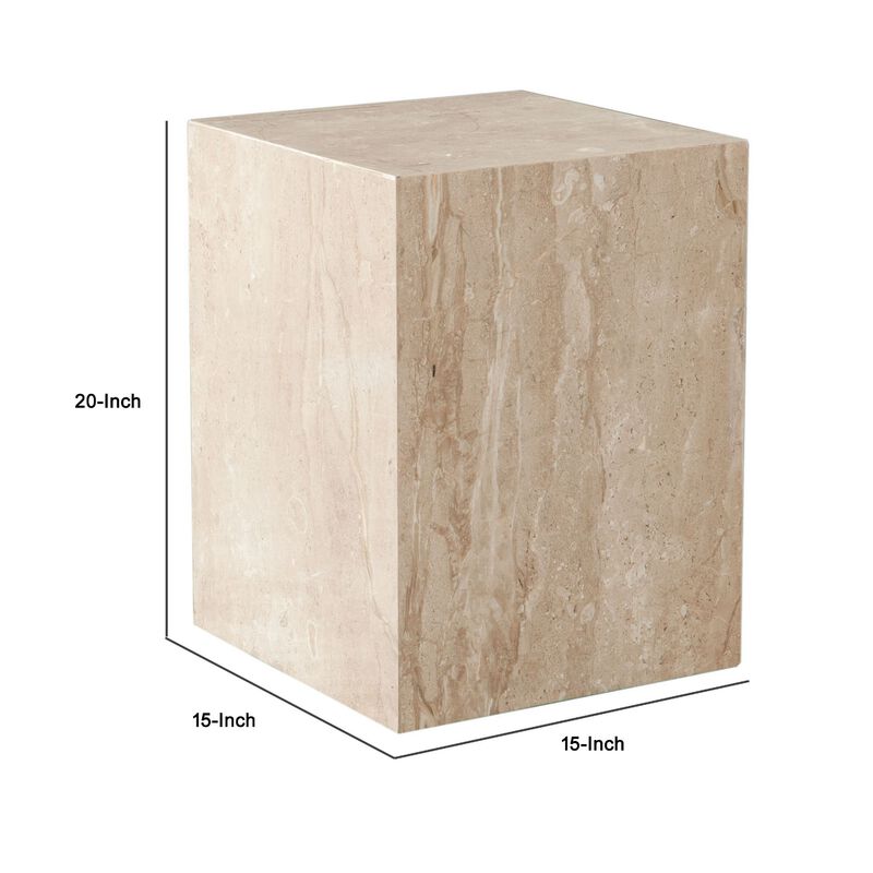 Rey Side End Table, 15 Inch Square Natural Beige Marble Pedestal