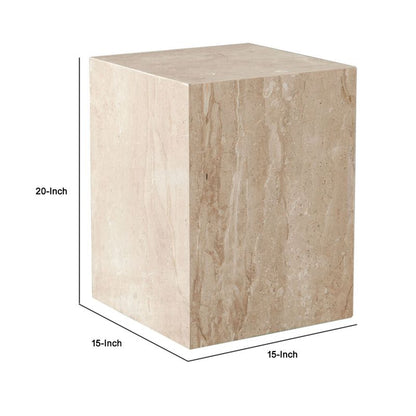 Rey Side End Table, 15 Inch Square Natural Beige Marble Pedestal