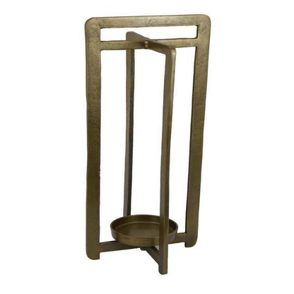 Eya 25 Inch Modern Tabletop Candle Lantern with Round Plate, Gold Metal