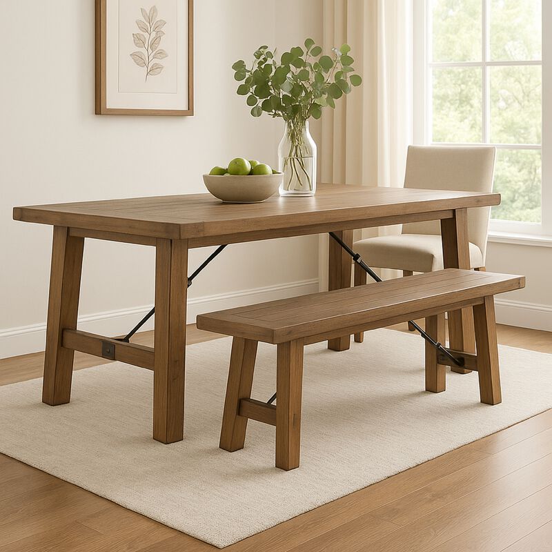 Yael Bench, 72 Inch Light Brown Mindi and Mahogany, Turnbuckle Accents