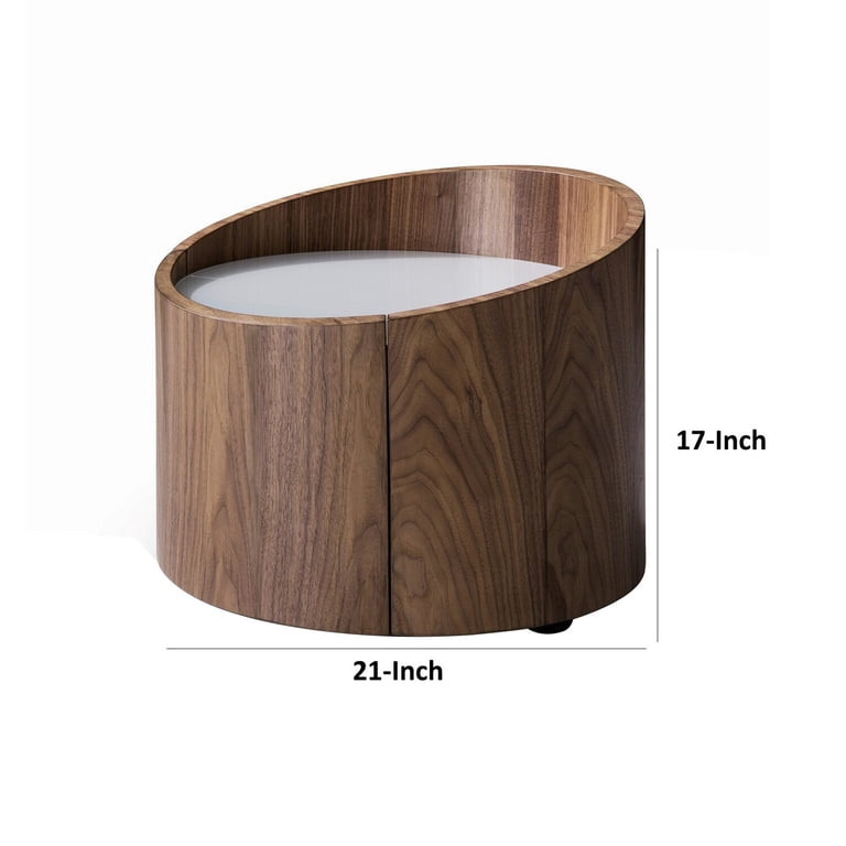 21 Inch Nightstand, Round Wood Body, Gray Tempered Glass, Walnut Brown