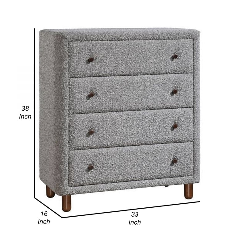 Lyno 38 Inch Tall Dresser Chest, 4 Drawers, Gray Boucle Upholstery, Brown
