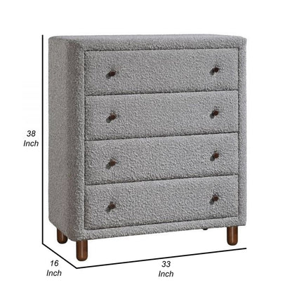 Lyno 38 Inch Tall Dresser Chest, 4 Drawers, Gray Boucle Upholstery, Brown