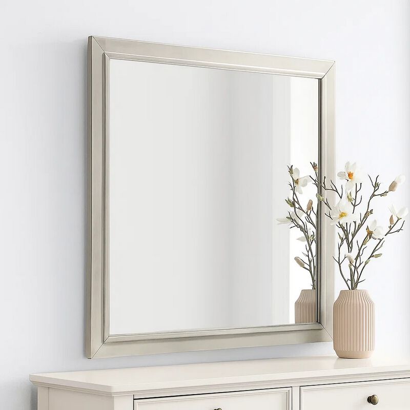 Dresser Mirror, Subtle Antique White Rubberwood, Square 40 Inch