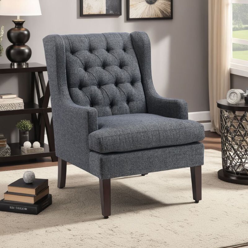 Hosanna Accent Wing Armchair, Button Tufted Charcoal Gray, Brown