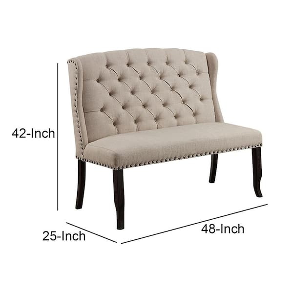 Nailhead Trim Fabric Upholstered Wing Back Wooden Bench, Beige and Black