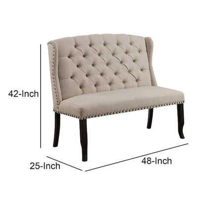 Nailhead Trim Fabric Upholstered Wing Back Wooden Bench, Beige and Black