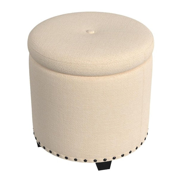 Zoya Storage Ottoman, 19 Inch Round Lift Top, Light Gray Woven Fabric