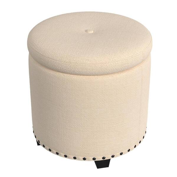 Zoya Storage Ottoman, 19 Inch Round Lift Top, Light Gray Woven Fabric