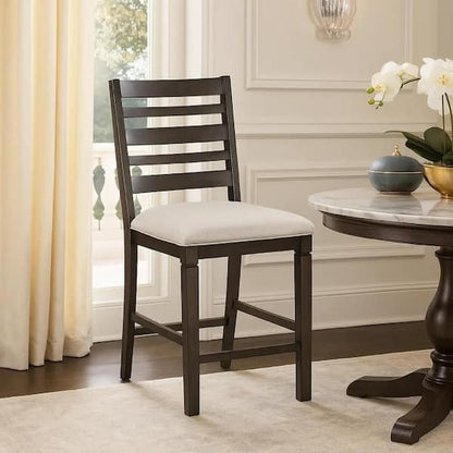 Vicy Counter Height Chair Set of 2, Beige Fabric Seat, Espresso Brown