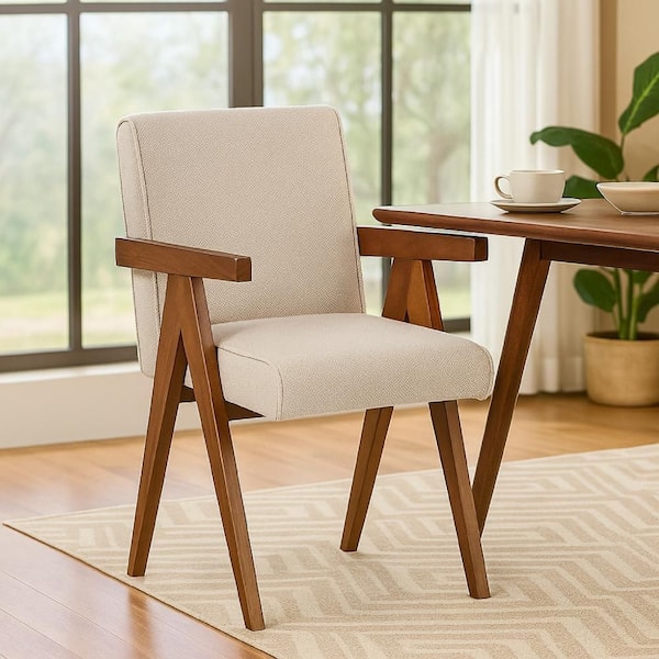 Cid Jose Accent Chair Set of 2, Beige Polyester, Walnut Brown Wood