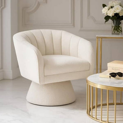 Shea Swivel Accent Chair, Beige Boucle Fabric, Channel Stitched