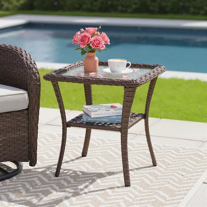 Outdoor Bar Table, 33 Inch Square Top, Dark Brown Rattan Woven