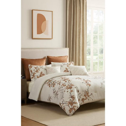 Jenya 5pc Queen Size Comforter Set with Shams, Floral Print White