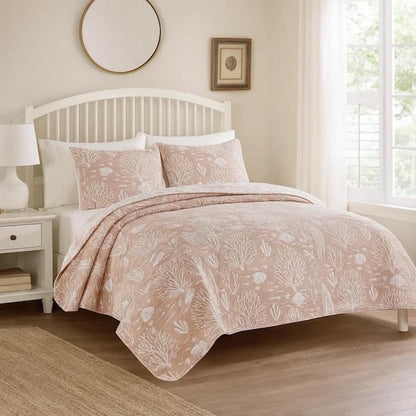 Amy 3 Piece Queen Quilt Set, Coastal Theme, Soft Pink White Polyester