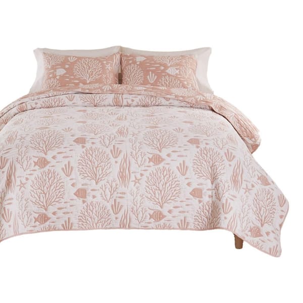 Amy 3 Piece Queen Quilt Set, Coastal Theme, Soft Pink White Polyester