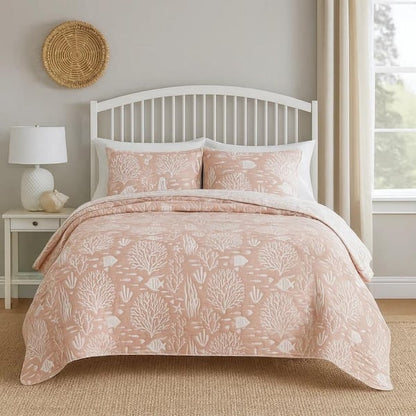 Amy 3 Piece King Quilt Set, Coastal Theme, Soft Pink White Polyester
