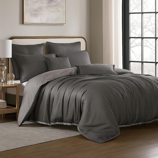 Keo 9pc King Comforter Set, Reversible, Soft Sage Gray Silky Fabric