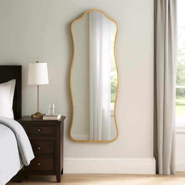 Ari Floor Mirror, 58 Inch, Brass Metal Wavy Frame, Hand Forged Iron