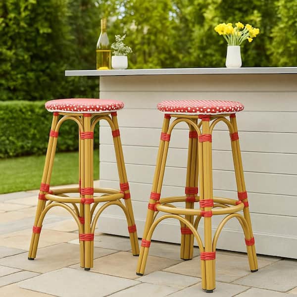 Outdoor Barstool Set of 2, Red and White Wicker Seat, Brown Aluminum