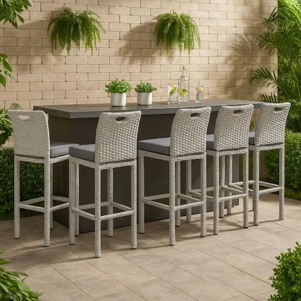 Mio Barstool Chair Set of 6, Thick Seat Cushion, Gray Wicker Frame