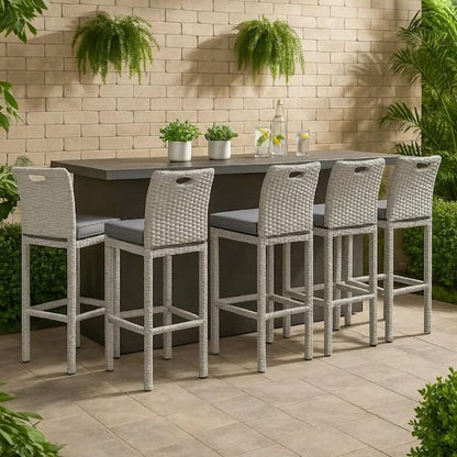 Mio Barstool Chair Set of 6, Thick Seat Cushion, Gray Wicker Frame