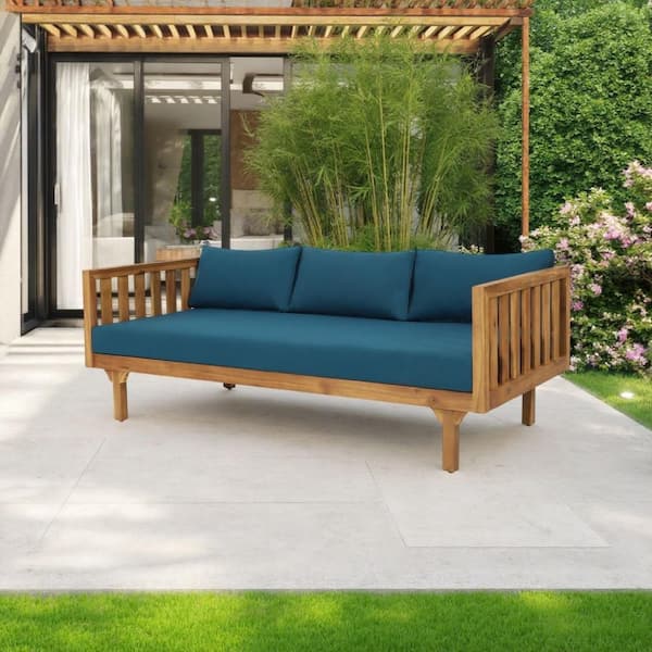 Clara Outdoor 3 Seater Daybed Sofa, Slatted Teak Wood, Blue Fabric