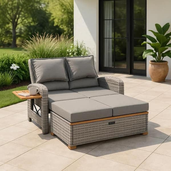 Timy Outdoor Reclining Chaise Lounge Set w Storage Bench, Pillows, Gray