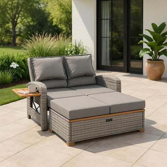 Timy Outdoor Reclining Chaise Lounge Set w Storage Bench, Pillows, Gray