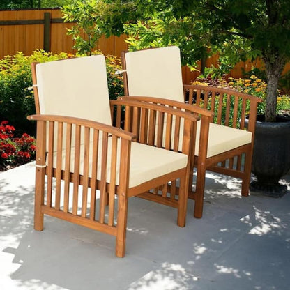 Kaila Outdoor Armchair Set of 2, Beige Cushions, Natural Brown Wood