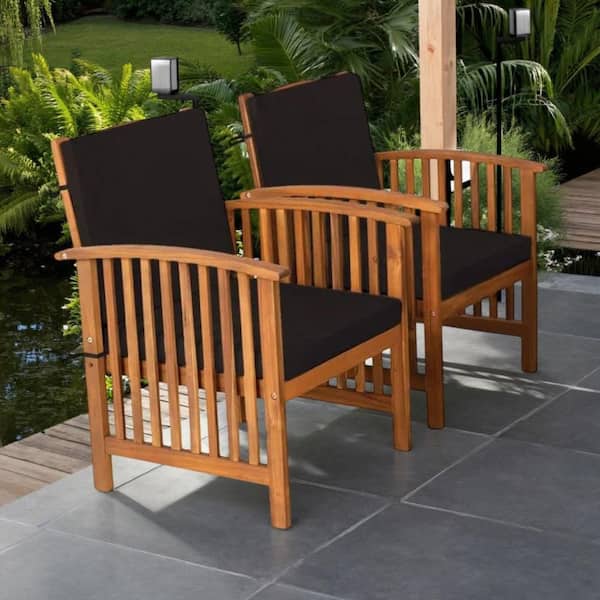 Kaila Outdoor Armchair Set of 2, Black Cushions, Natural Brown Wood