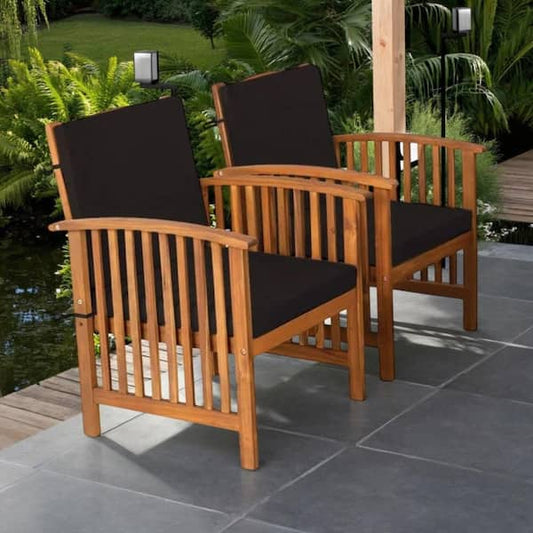 Kaila Outdoor Armchair Set of 2, Black Cushions, Natural Brown Wood