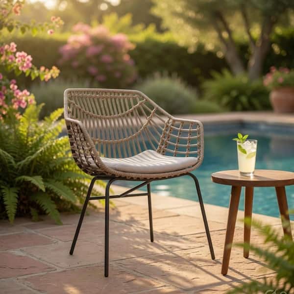 Niya Outdoor Patio Chair Set of 4, Natural Brown Rattan, Black Steel
