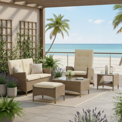 Ankia 4pc Outdoor Reclining Chair and Ottoman Set, Beige Brown Woven