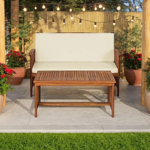 Kaila Outdoor Armchair Set of 2, Beige Cushions, Natural Brown Wood