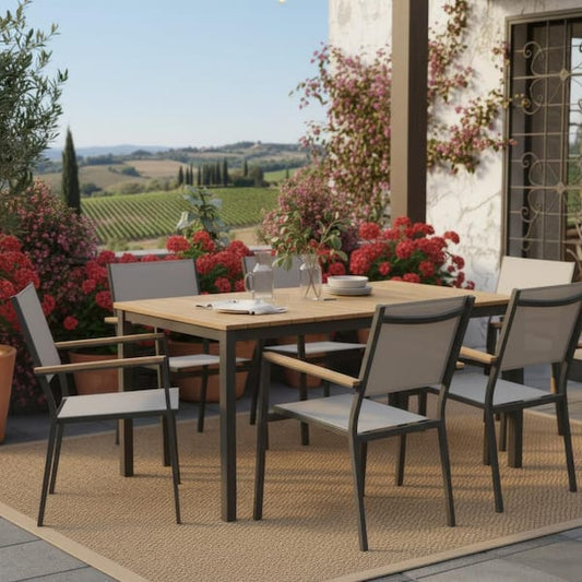 Ankia 5pc Outdoor Dining Table and Chairs Set, Gray, Natural Teak Brown