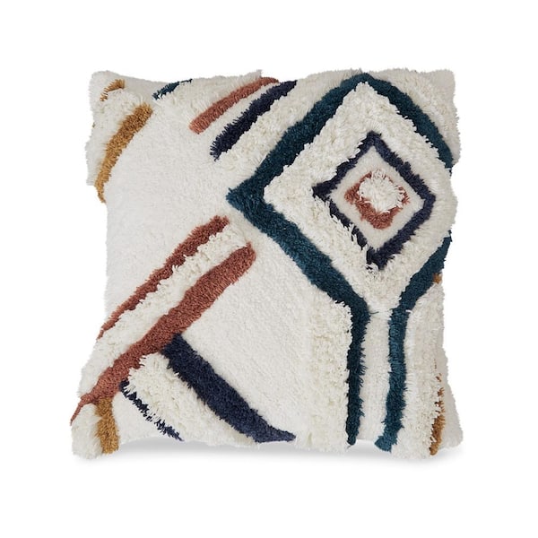 Throw Pillow Set of 4, 20 Inch, Modern Looped Design, Soft White Cotton