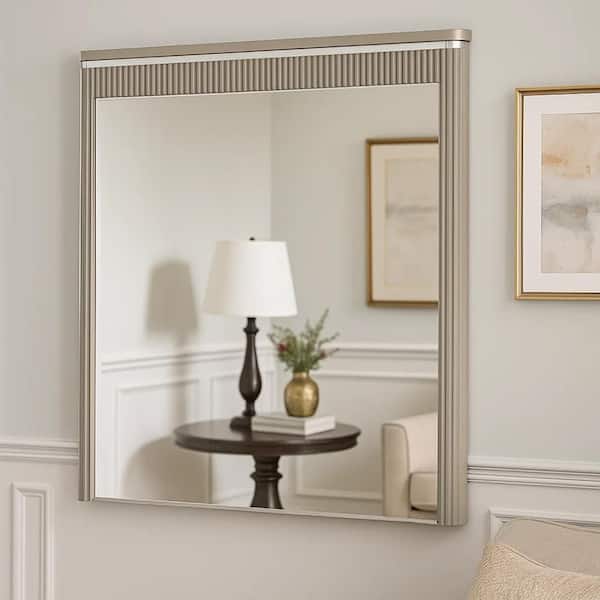 Gema Dresser Mirror, 38 Inch Light Gray Wood, Reeded Design, Silver Accents