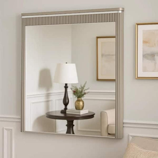 Gema Dresser Mirror, 38 Inch Light Gray Wood, Reeded Design, Silver Accents