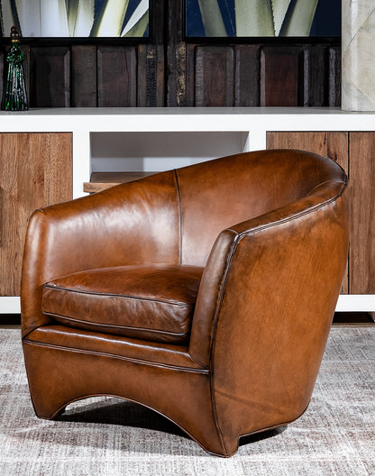 Top Grain Leather Accent Chair with Swivel, Brown & Silver